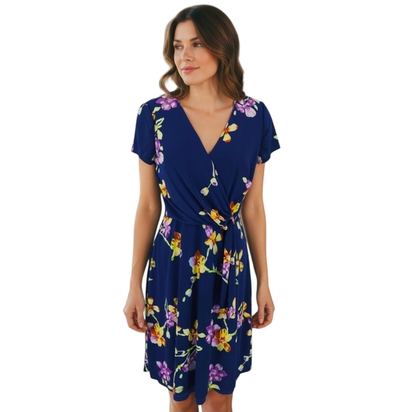 LRL Ralph Lauren Faux Wrap Fit Flare Dress Blue Floral Short Sleeve V Neck Zip 6 - Picture 2 of 11